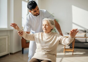 Nurse helping a senior woman with physical therapy, performing exercises for arms and shoulders
