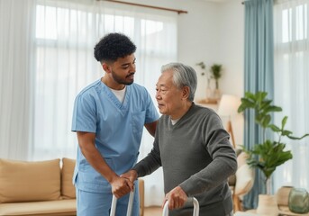 Young male nurse provides support to an elderly man using a walker in a home healthcare setting