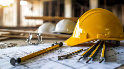 Fototapeta premium Yellow and white hard hats on top of blue prints with measuring tape and other tools.