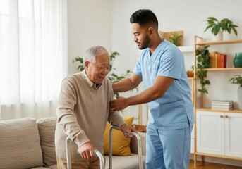 Male nurse supports an elderly man as he uses a walker in a home healthcare setting