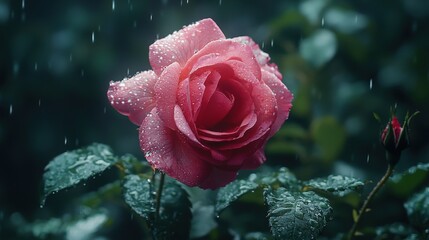 A pink rose with raindrops glistening in a garden on a cloudy day