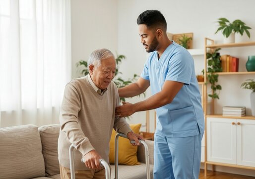 Male nurse supports an elderly man as he uses a walker in a home healthcare setting