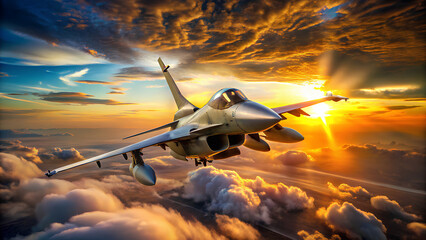 Military fighter jet in flight against sunset the sky