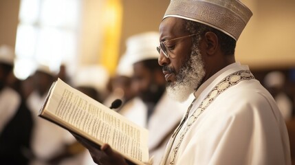Devout elder engaging in worship with religious scripture in spiritual ceremony Sigd Day