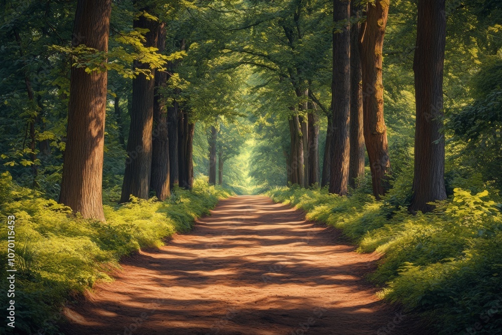 Poster a path through a forest with trees on either side