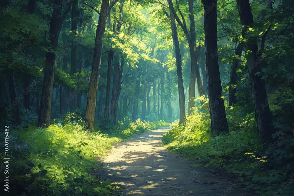 Poster a path through a forest with trees on either side