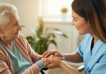 Young nurse comforting elderly woman by holding her hands, showing empathy and support in a healthcare setting