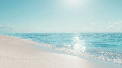 Obraz premium Serene beach scene with untouched sand, calm turquoise sea, and radiant sunlight illuminating the shoreline.