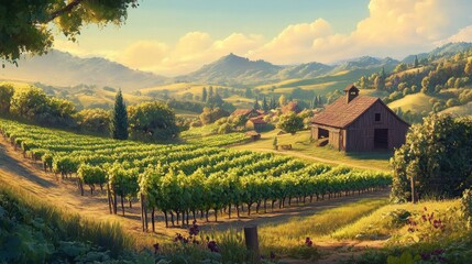 A scenic vineyard with rolling hills and a rustic barn,