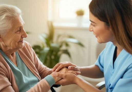 Young nurse comforting elderly woman by holding her hands, showing empathy and support in a healthcare setting - Powered by Adobe