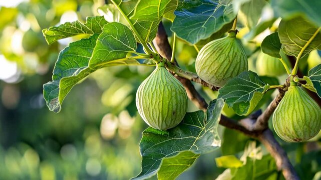 Green figs grow on a fig tree branch with large green leaves