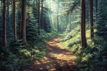 Obraz premium A path through a forest with trees on either side