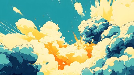 An abstract illustration of clouds in blue, white, and yellow tones with a bright orange center, creating a powerful and dynamic visual.