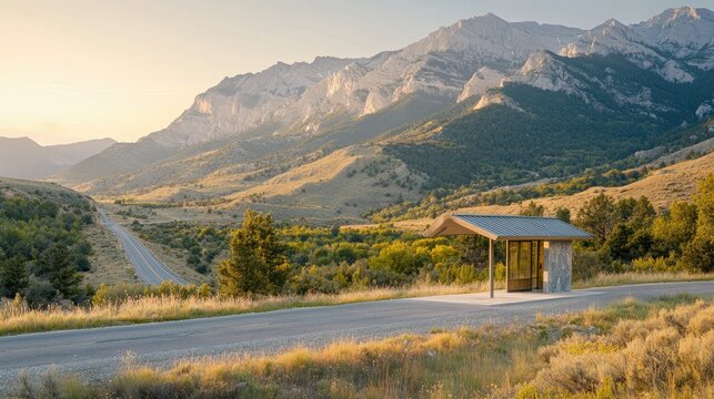 Serene bus stop along a quiet highway, with mountains in the background and golden hour lighting.