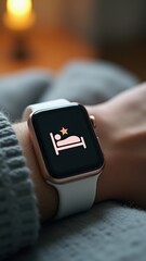 Smartwatch on hand showing bed icon, symbolizing sleep health, monitoring, and relaxation support for improved wellness.