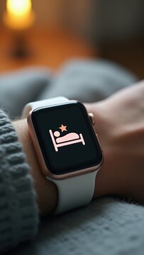 Smartwatch on hand showing bed icon, symbolizing sleep health, monitoring, and relaxation support for improved wellness.