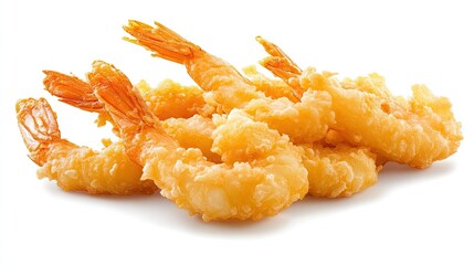 Shrimp tempura plated against a white background, with crispy, golden batter and a clean, minimalist presentation.
