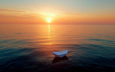 Paper boat saling against sunset in the ocean.