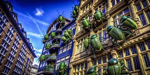 Captivating Architectural Photography Featuring Tiny Green Bugs on Intricate Building Facades, Showcasing Nature's Beauty Intertwined with Urban Design Elements