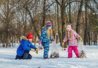 Kids collecting christmas decorations in plastic bags in a snowy park, promoting environmental responsibility after the holidays