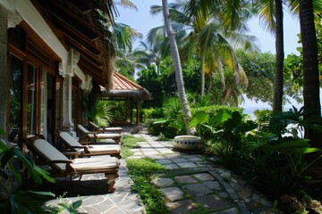 Fototapeta premium Sun is shining on a luxurious hotel room opening onto a tropical garden with ocean view