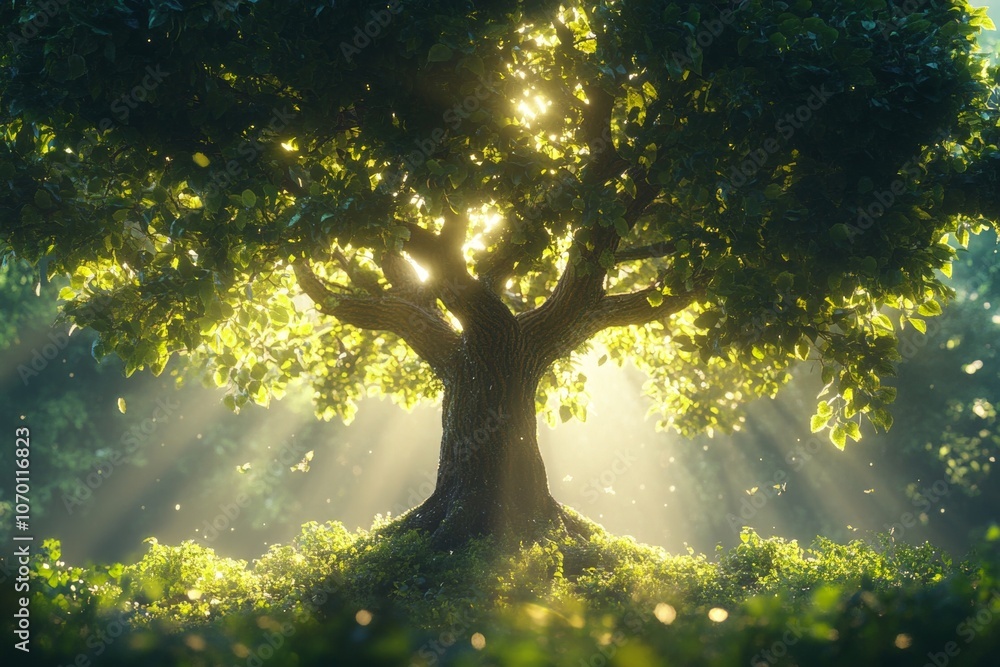 Poster a large tree with sunlight shining on it