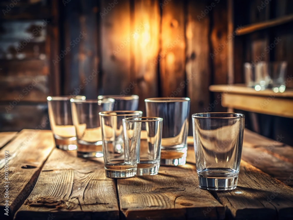 Poster captivating arrangement of empty glasses on a rustic wooden table, perfectly composed using the rule