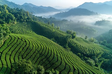 Lush terraced rice fields in misty mountain landscape