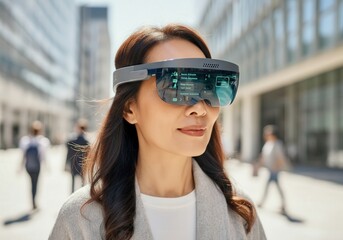 Businesswoman experiencing augmented reality using smart glasses, navigating in a modern city environment