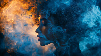 Ethereal Portrait of a Woman Amidst Vivid Orange and Blue Smoke: Dreamlike Atmosphere of Soft Light and Enigmatic Shadows