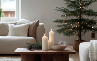 A cozy Scandinavian living room features soft pillows, a wooden coffee table with lit candles, and a beautifully decorated Christmas tree, creating a festive atmosphere during the holidays.