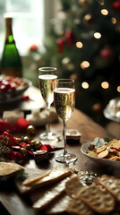 A festive gathering features champagne flutes beside a beautifully arranged snack table with cookies and treats, creating a warm celebratory atmosphere