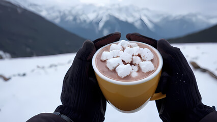 Close Up and Focusing On A cup of hot chocolate held in two hands wearing gloves with a blurry snow background