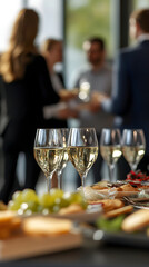 A group of colleagues socialize around a snack table, enjoying drinks and food in a bright modern setting