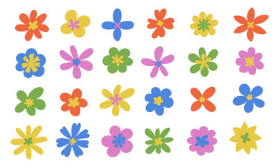 Groovy set of simple drawn flowers. Hippie stickers. Modern abstract multicolor flower. Vintage decorative design element.