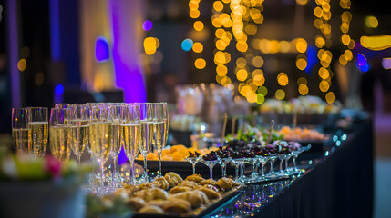 A festive table showcases an array of snacks and drinks at a corporate event, decorated with twinkling lights and elegant arrangements