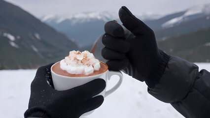 Close Up and Focusing On A cup of hot chocolate held in two hands wearing gloves with a blurry snow background