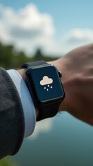 Wearable device on hand with rain cloud icon, perfect for staying updated on weather and planning around rainy days.