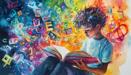 Obraz premium Vibrant Watercolor Painting of a Young Reader