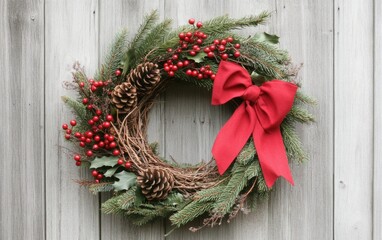 Festive winter berry wreath with pine, cedar, holly, and clusters of red berries, accented by a charming red bow