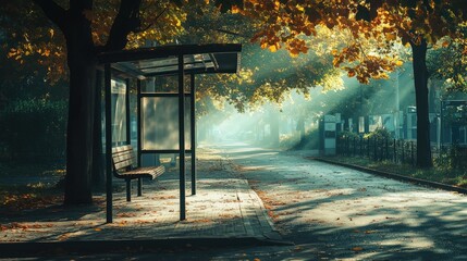 Simple bus stop with a bench on a quiet, tree-lined suburban street, with sunlight filtering through leaves.