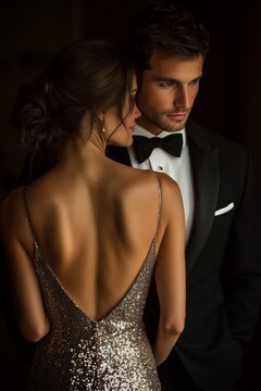 A man and a woman are posing for a photo in a black dress and a tuxedo