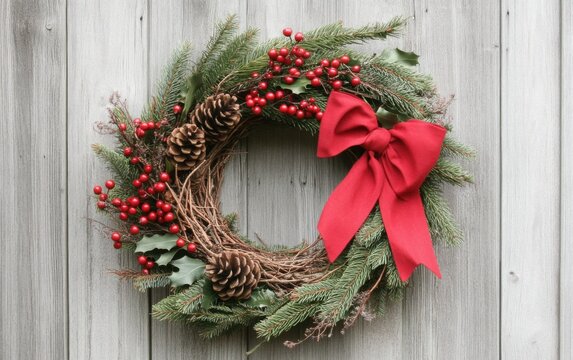 Festive winter berry wreath with pine, cedar, holly, and clusters of red berries, accented by a charming red bow - Powered by Adobe