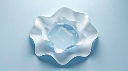 A delicate, wavy glass bowl with a translucent blue center, elegantly displayed against a soft blue background.