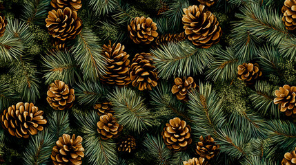 Naklejka premium A seamless pattern showcasing an extreme close-up of pine tree needles and cones, emphasizing the intricate details and textures.