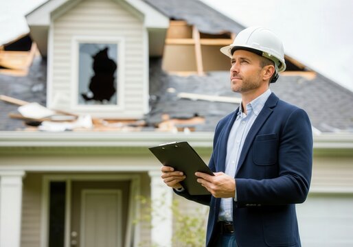 Insurance agent holding clipboard inspecting house roof damage after hurricane or other natural disaster