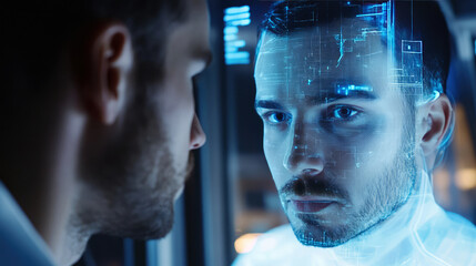 Human-AI interaction using holographic projections of human faces. Scanning and hologram of a human face.