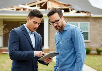 Insurance agent showing policy details on digital tablet to homeowner in front of damaged house after a severe storm