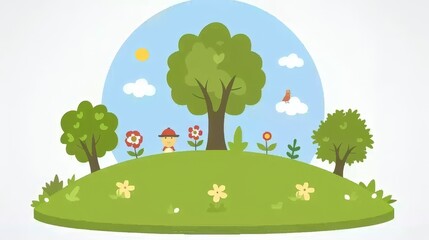 Fototapeta premium A whimsical illustration of a sunny day in a vibrant landscape featuring trees, flowers, and a child with a small house.