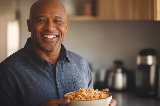A man is smiling and holding a bowl of cereal. Scene is happy and lighthearted